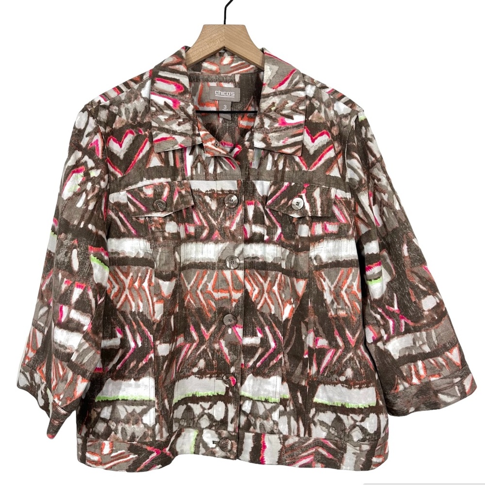 Chicos Printed Shacket Jacket Size 3 100% Cotton Travel Office Colorful Safari